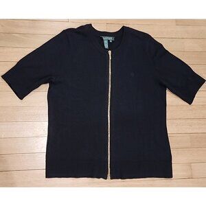 RALPH LAUREN size M Womens Cotton cardigan short sleeve Sweater Black zip up